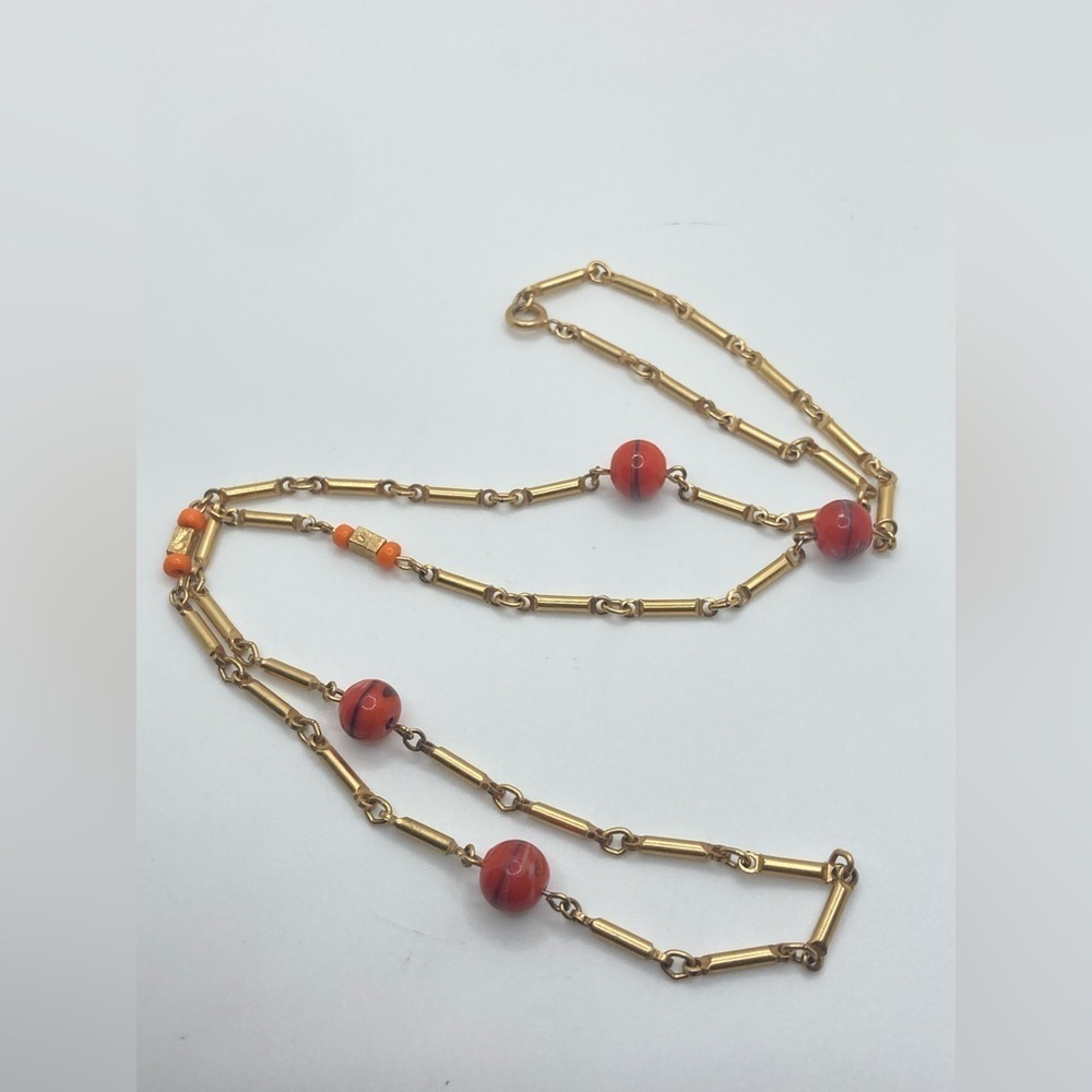Vtg Orange Swirl Murano Glass Bead Gold Tone Chain Necklace 24”